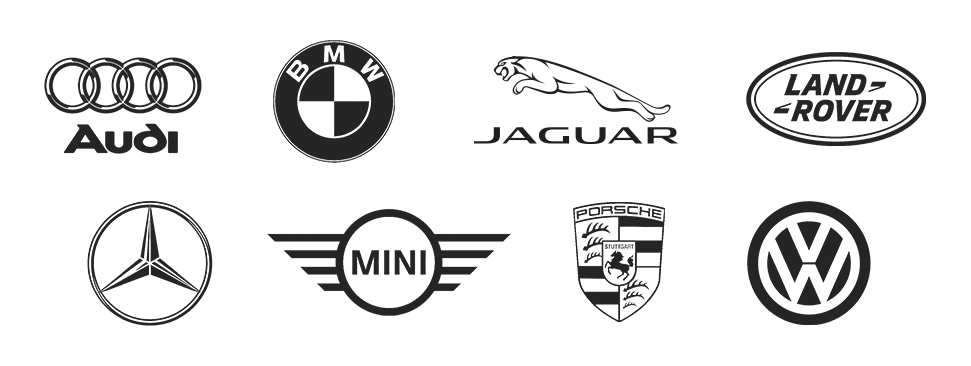 Black and white logos of European car manufacturers: Audi, BMW, Jaguar, Land Rover, Mercedes, Mini Cooper, Porsche and VW